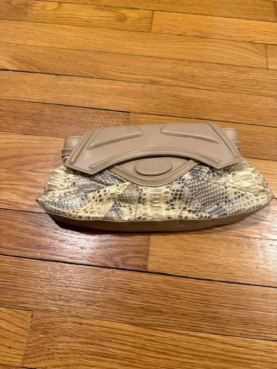 Zac Posen Beige and Snake-Print Clutch - Picture 1 of 4